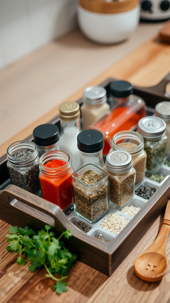 A seasoning tray with jars of spices including salt, pepper, paprika, and herbs on a wooden countertop.